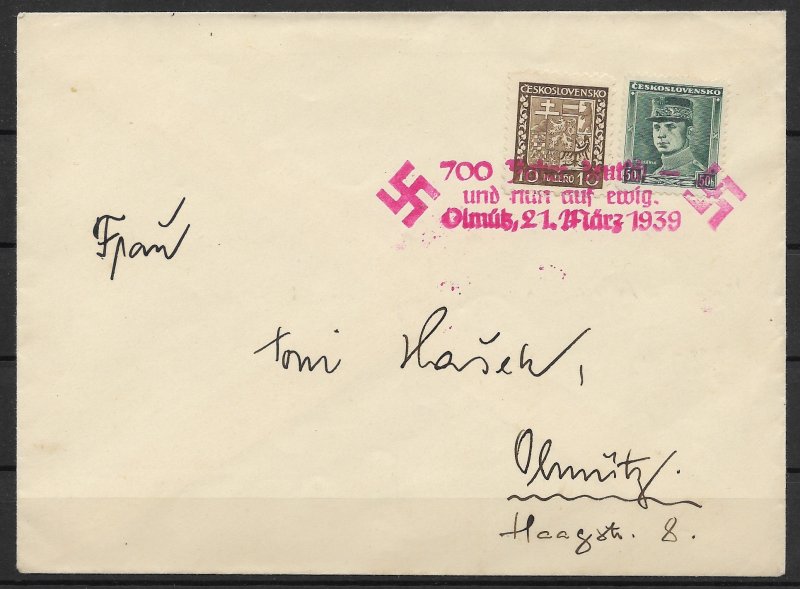 Sudetenland: 1939 Liberation Cancellations Olmuetz on Cover