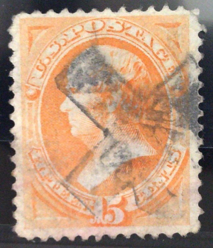 Scott #163 - VF - 15c Yellow Orange - Webster - Used - Thin - 1873