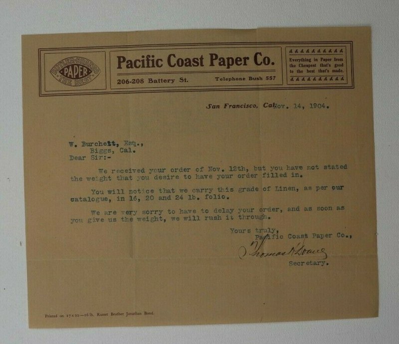 Aetna Life Insurance Co San Fran CA 1904 Pacific Coast Paper Co Letterhead