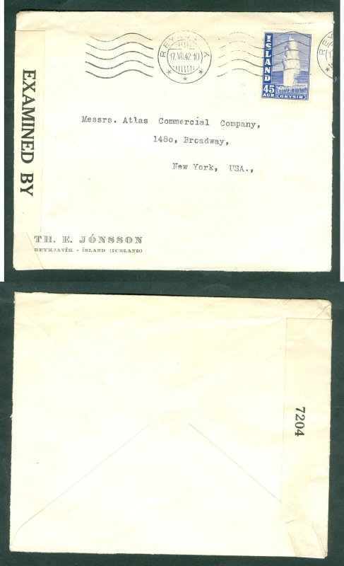 Iceland. 1942 Cover, Censor USA. Commercial: Atlas .Sc# 207 Geysir. N.Y. USA