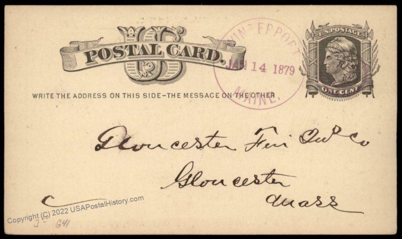 USA 1879 WINTERPORT Maine Violet Cancel Postal Card Cover Advertising 96287