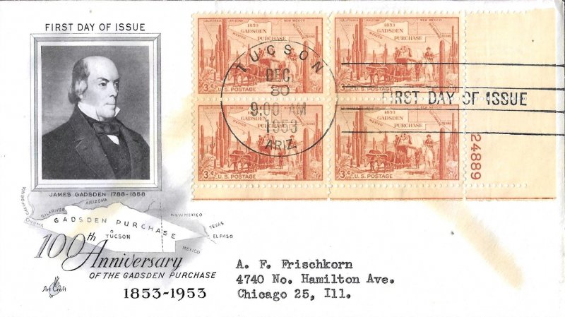 1953 FDC, #1028, 3c Gadsen Purchase, Art Craft, plate block of 4