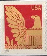 US 3800 (used on paper) (25¢) eagle, gold on red (2003)