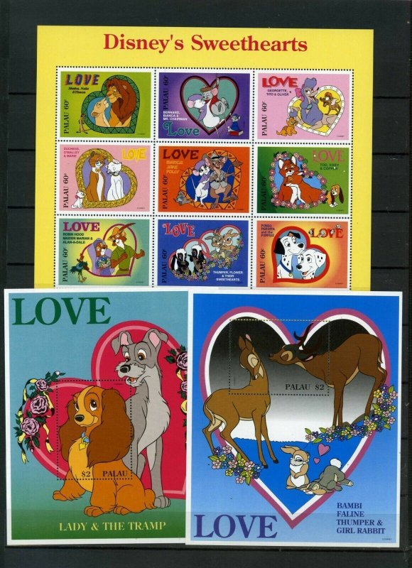 PALAU 1996 WALT DISNEY LOVE SHEET OF 9 STAMPS & 2 S/S MNH