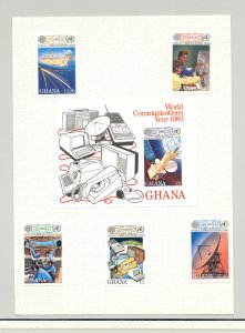 Ghana #835-840 Communications, Satellite, Ships 4v &  S/S Imperf Proofs on Cards