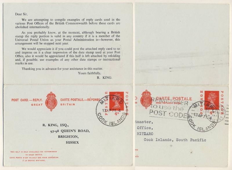 COOK ISLANDS - 1971 - MITIARO CDS ON 4d MACHIN REPLY-CARD  TO  ENGLAND - scarce