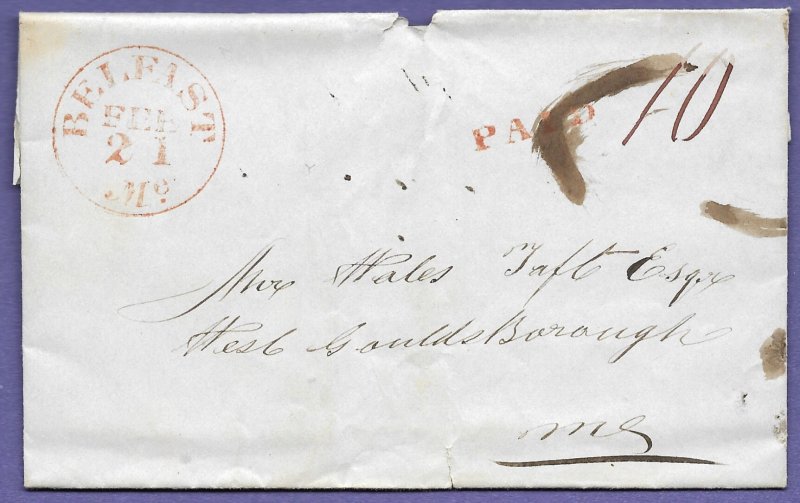 BELFAST, ME., 1844  STAMPLESS FOLDED LETTER, U.S. POSTAL HISTORY COVER.