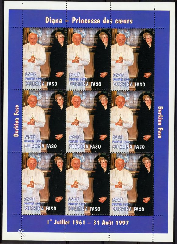 Burkina Faso 1997 Sc#1127 POPE JOHN PAUL II and DIANA Sheetlet 9v Perforated MNH