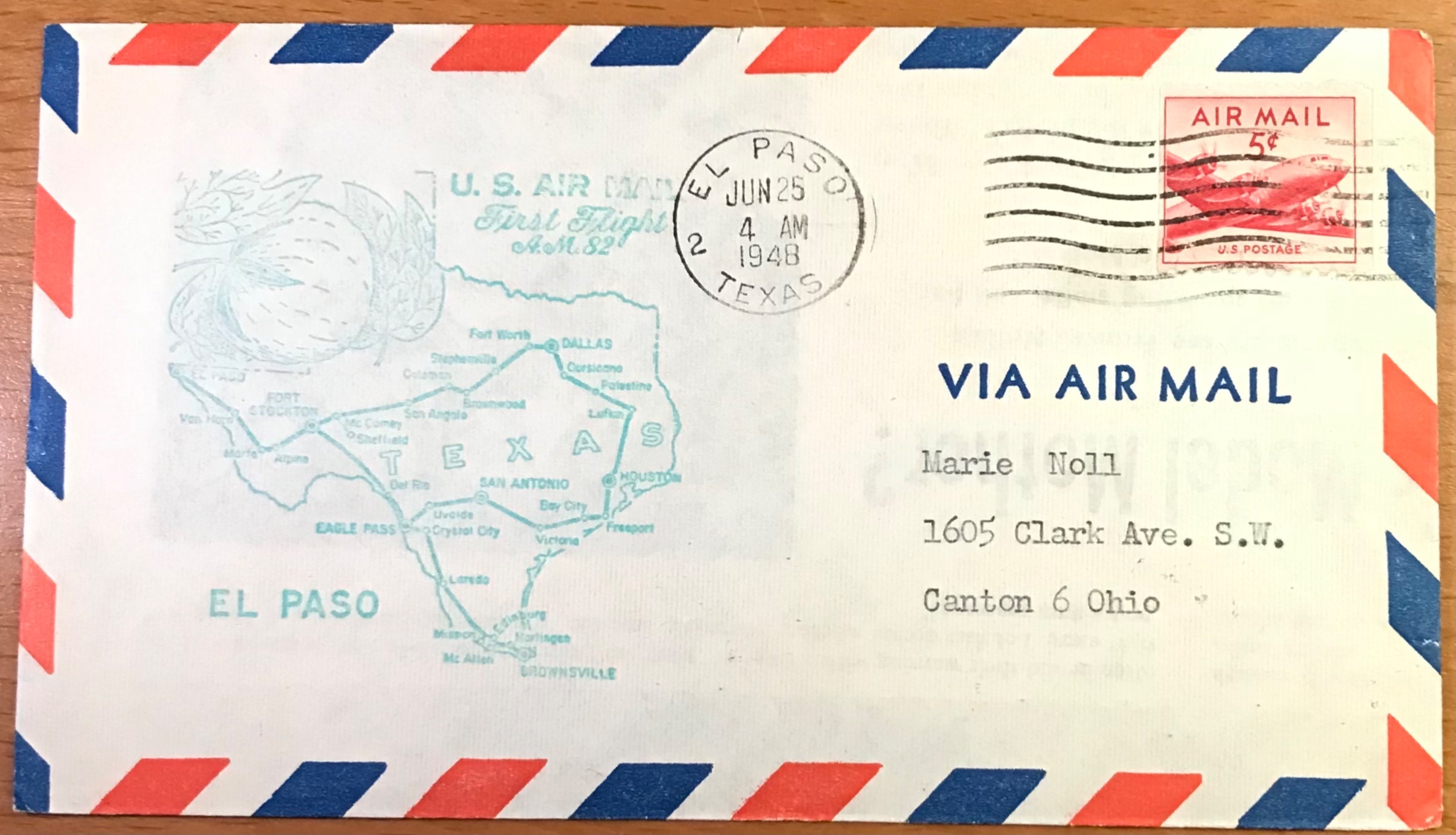 US C37 First Flight Cover FFC AM 82 El Paso TX to San Antonio TX 6/25