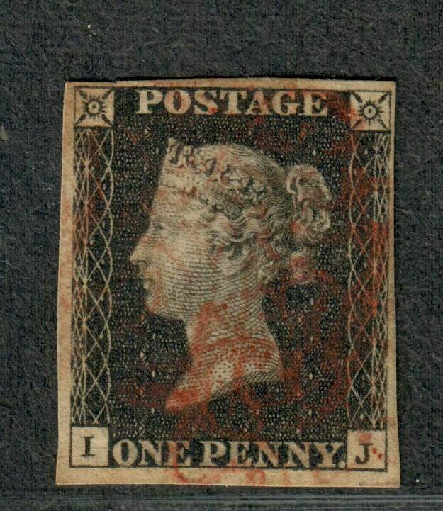 Great Britain Sc#1 Used/VF, Penny Black 4 Margins Lightly Toned, Cv. $320