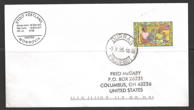 1995 Paquebot Cover, Liberia stamp used in Durban, South Africa