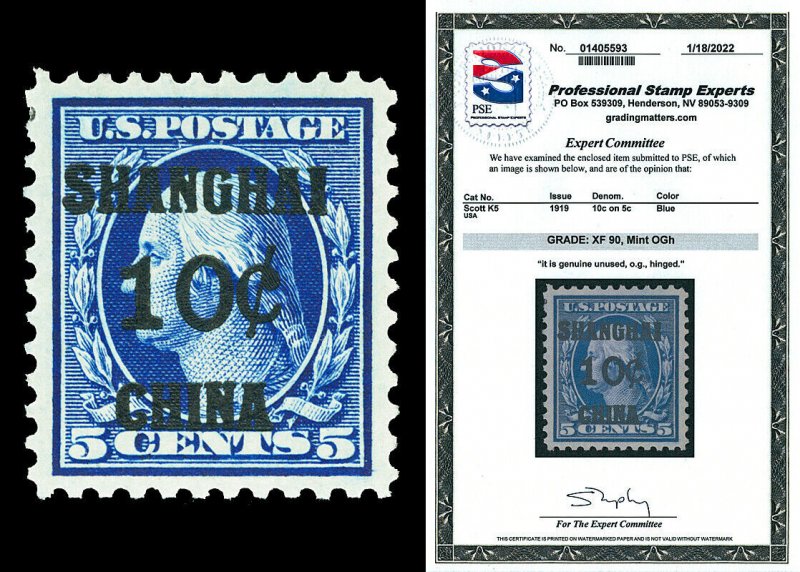 Scott K5 1919 10c Blue Shanghai Overprint Mint Graded XF 90 LH with PSE CERT!