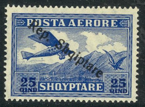 ALBANIA 1927 25q AIRMAIL w UPRIGHT R in Overprint Scott C10 var MLH