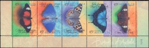 Australia #1694a, Complete Set, Strip of 5, 1998, Butterflies, Never Hinged