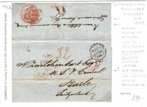 USA Transatlantic Cover FORWARDED Liverpool Switzerland US CONSUL EL 1850 46.2