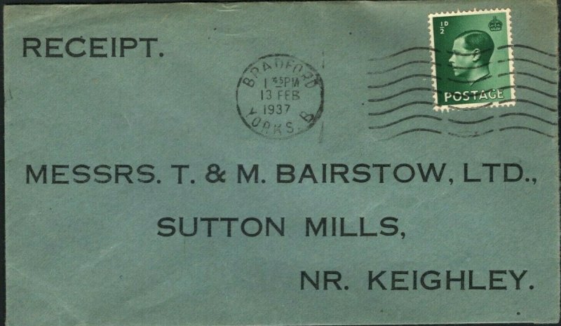 GB KEVIII Cover 1937 Yorks *SUTTON MILLS* Bradford Machine Keighley GR14 