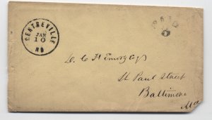 1860s Centreville MD small CDS stampless cover paid 3 in arc [H.2635]