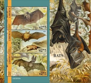 Liberia - 2023 Bats, Spectral, Whiskered - 3 Stamp Sheet - LIB230104a