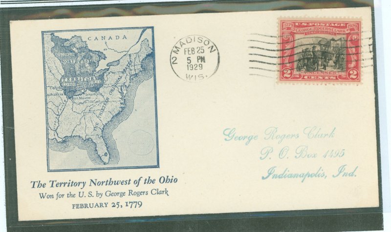 US 651 1929 2c George Rogers Clark/Battle of Vincennes on an addressed FDC with a Floyd Shockley cachet and a Madison, WI unoffi