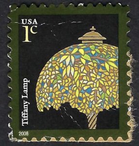 United States #3749A 1¢ Tiffany Lamp (2008). On paper. Damaged. Used.