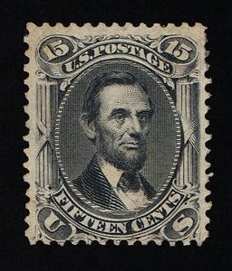 SCARCE GENUINE SCOTT #77 F-VF MINT RG LH 1866 15¢ BLACK NBNC LINCOLN SCV $1900