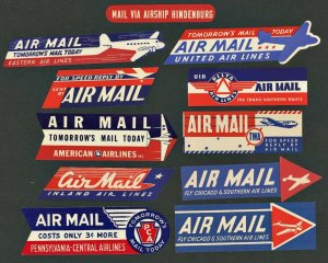 1930s - 1950s Airmail Etiquette ( Lot of 11 ) MNH 