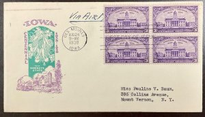 838 Ioor cachet Iowa Territory Centennial FDC  1938 w/Block of 4