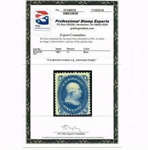 GENUINE SCOTT #63 F-VF MINT OG VLH 1861 BLUE BENJAMIN FRANKLIN - PSE CERT