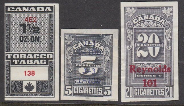 CANADA 3 Tobacco or Cigarette Tax stamps used...............................D906