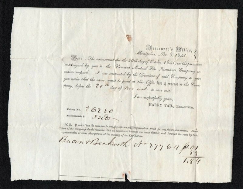 1841 Insurance SFL preprinted and NICE - Fantastic 6 cent rate