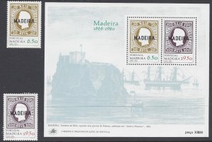 Madeira 1980 Stamp on stamp Souvenir Sheet, Stamps, MNH - Sc #66-67, 67a