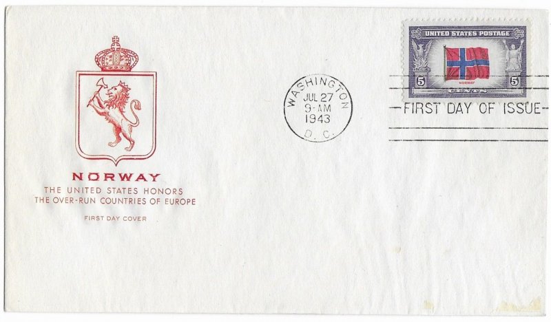 1943 FDC, #911, 5c Overrun Country - Norway, House of Farnam, machine cancel