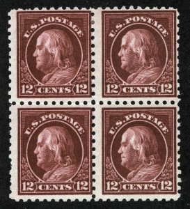 US Sc 435 Claret Brown 12¢ SLWm p.10 Barely Hinged/NH Original Gum Block of Four