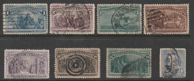 U.S. Scott #230-231-232-234-235-237-238-246 Columbian - Used Single - Broken Hat