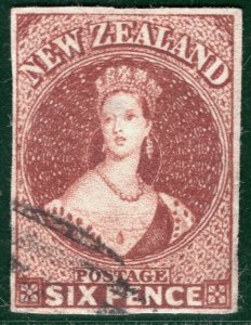 NEW ZEALAND QV CHALON SG.43 6d Red-Brown (1863) CLEAR PROFILE Used c£150+ SBB10