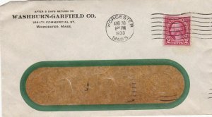 U.S. WASHBURN_GARFIELD CO,Commercial St,Worcester, Mass.1933 Stamp Cover Rf47533