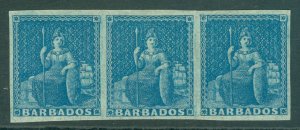 SG 3 Barbados 1852 1d blue. A fine fresh mounted mint strip of 3. Full-large...
