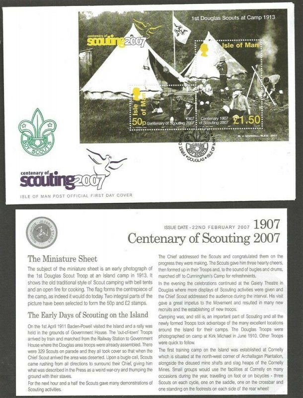 2007 Isle of Man Scouts Centenary Europa minisheet FDC