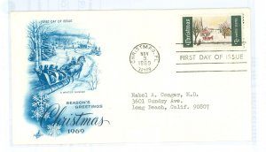 US 1384 1969 Christmas, typed address, corner crease. FDC