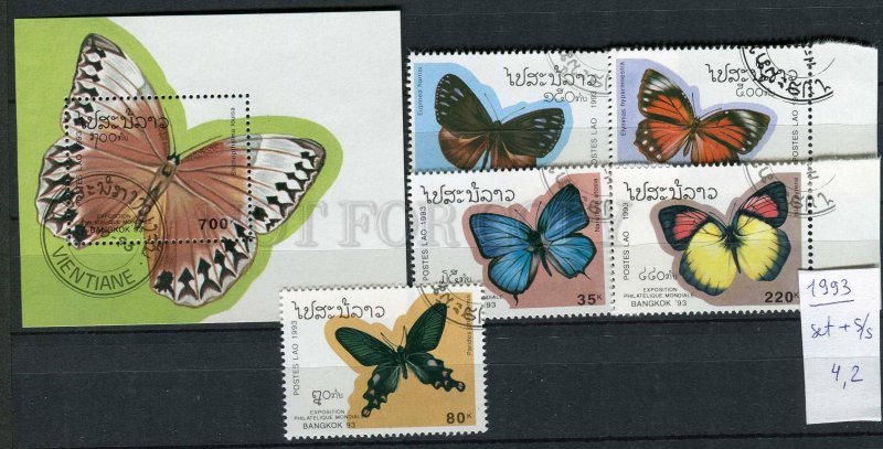265121 Laos 1993 year used stamps set+S/S butterflies