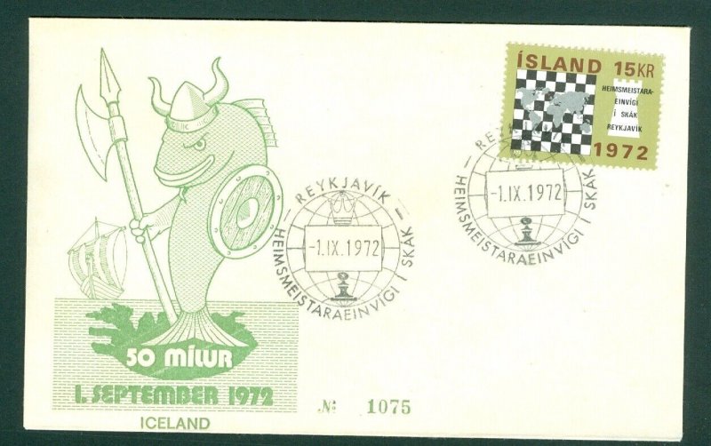 Iceland. 1972 Cover. Cachet Viking. Chess. Spassky-Fischer. World Champ. Sc#442