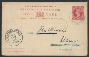 GRENADA 1908 QV 1d + 1d reply postcard used to Germany.....................61056