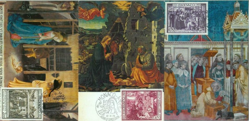 90256  - MONACO - set of 3  MAXIMUM CARD -   ART Religion XMAS  1973