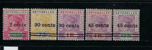 SEYCHELLES SCOTT #33-37 1902 COMPLETE SURCHARGES- MINT HINGED