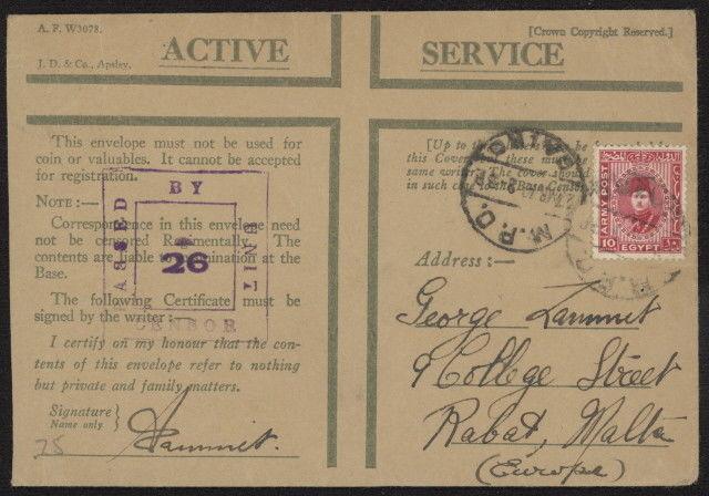 Egypt M15 on 1940 WWII Active Service censored cover w/M.P.O. Cairo pmk to Malta