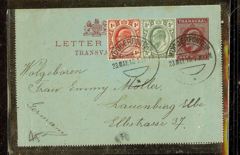 TRANSVAAL (P0106B) 1910 KE 1D P LETTER CARD+1D+1/2D TO  GERMANY