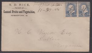 **US 19th Century Advertising Cover Scott #212(pr), Haymakertown, VA 11-29-1888