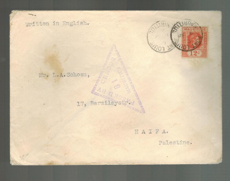 1943 Mauritius Jewish Internment Camp Cover to Haifa Palestine Karel Polacek