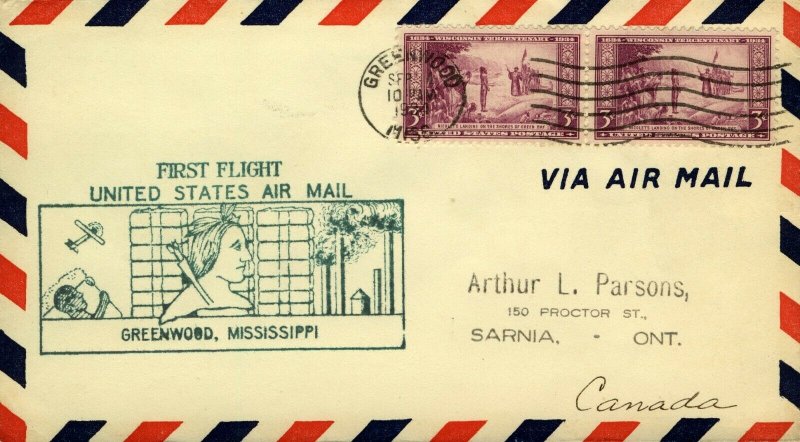 USA 1934 1st Flight cover route AM 8 Chicago to New Orleans with Greenwood M VFU