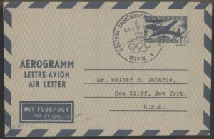 Austria 1952 Airmail Aerogram Cover Olympics Cancel Vienna New York G107960